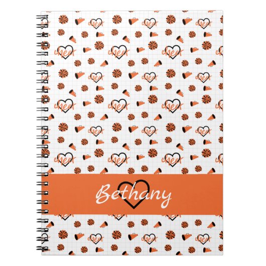 Orange Cheer Hearts, Pom Poms, Megaphone Muster Notizblock (Vorderseite)