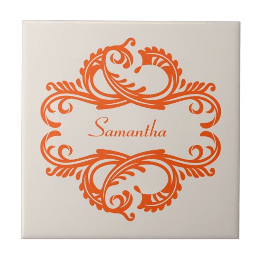 Orange Chic Damask Tile Fliese (Vorderseite)