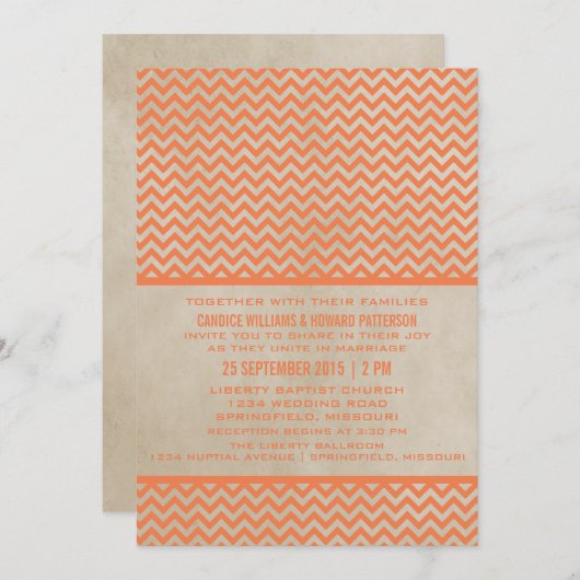 Orange Chic Zickzack Wedding Einladung (Vorne/Hinten)
