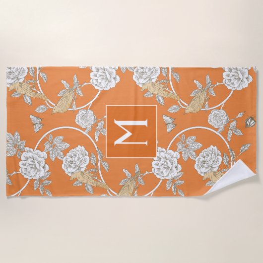 Orange Chinoiserie Blume und Birnen Monogram Strandtuch (Vorderseite)
