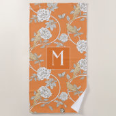 Orange Chinoiserie Blume und Birnen Monogram Strandtuch (Vorderseite)