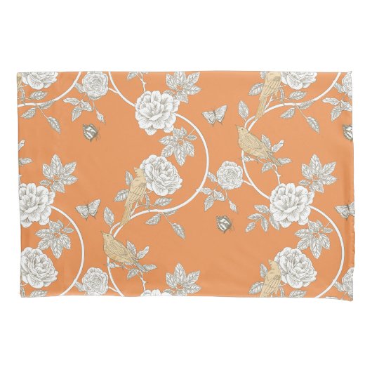 Orange Chinoiserie Blume und Vögel Kissenbezug (Vorderseite)