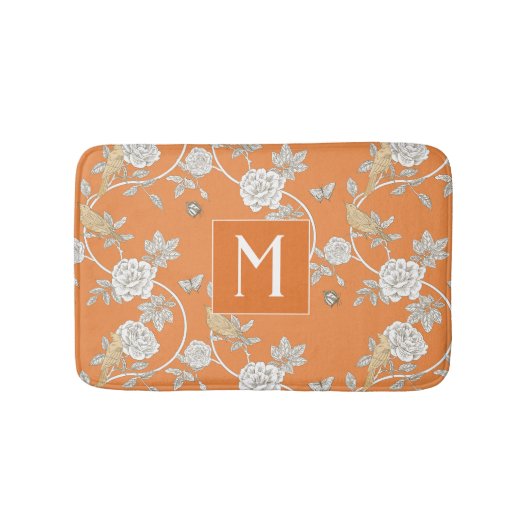 Orange Chinoiserie Floral Monogram Badematte (Vorderseite)
