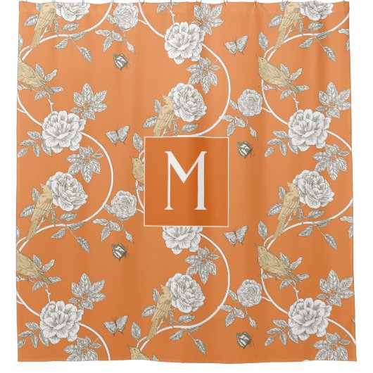 Orange Chinoiserie Floral Monogram Duschvorhang (Vorderseite)