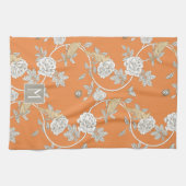 Orange Chinoiserie Floral Monogram Geschirrtuch (Horizontal)
