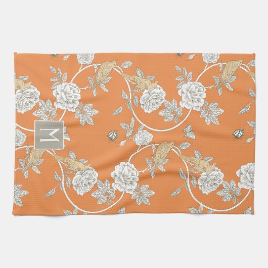 Orange Chinoiserie Floral Monogram Geschirrtuch (Horizontal)
