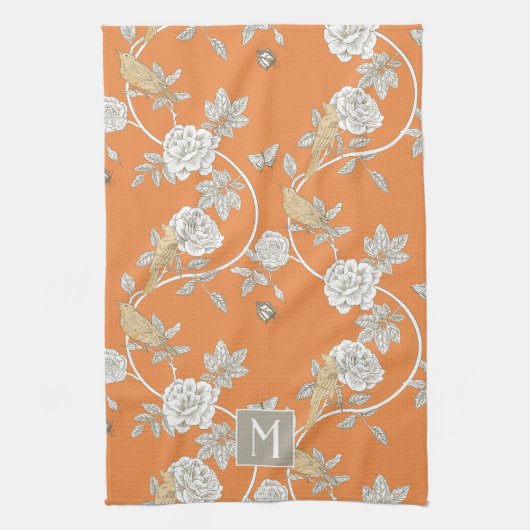 Orange Chinoiserie Floral Monogram Geschirrtuch (Vertikal)