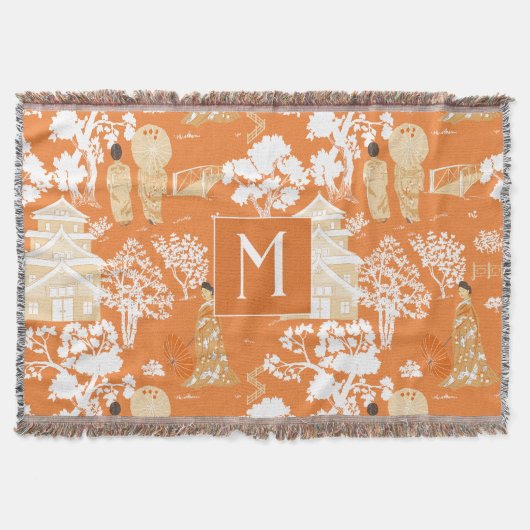Orange Chinoiserie Pagodas Monogram Decke (Vorderseite)