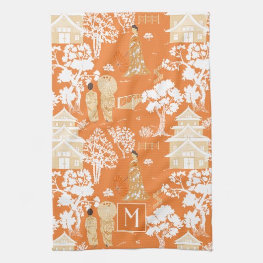 Orange Chinoiserie Pagodas Monogram Geschirrtuch (Vertikal)