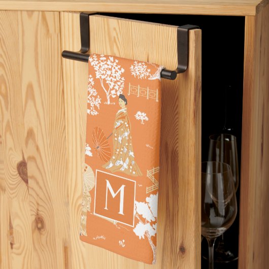 Orange Chinoiserie Pagodas Monogram Geschirrtuch (Drittel gefaltet)