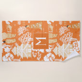 Orange Chinoiserie Pagodas Monogram Strandtuch (Vorderseite)