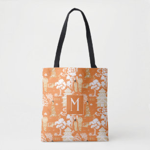 Orange Chinoiserie Pagodas Monogram Tasche