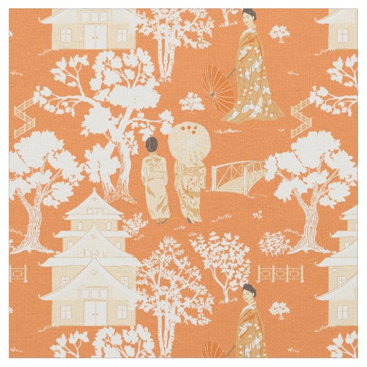 Orange Chinoiserie Pagodas Stoff (Nahaufnahme)