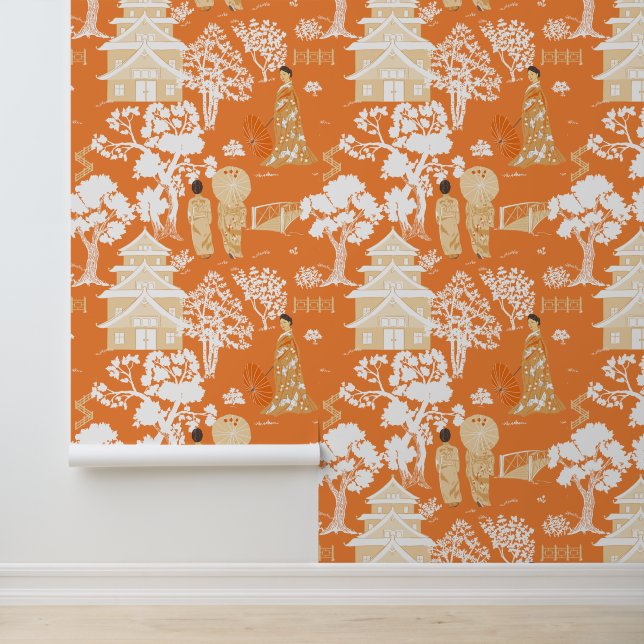 Orange Chinoiserie Pattern Tapete (Anwendung)
