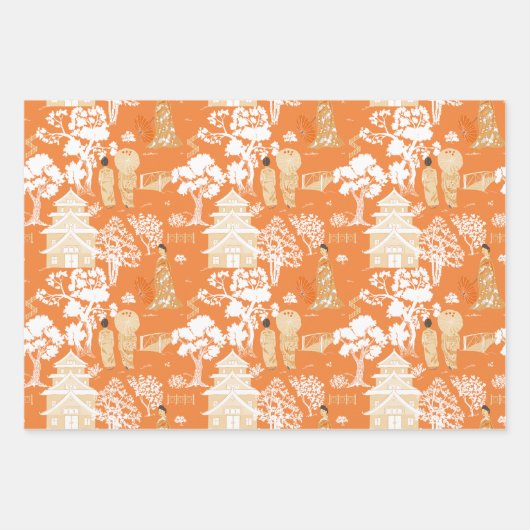 Orange Chinoiserie Vögel und Pagodas Geschenkpapier Set (Vorderseite 3)