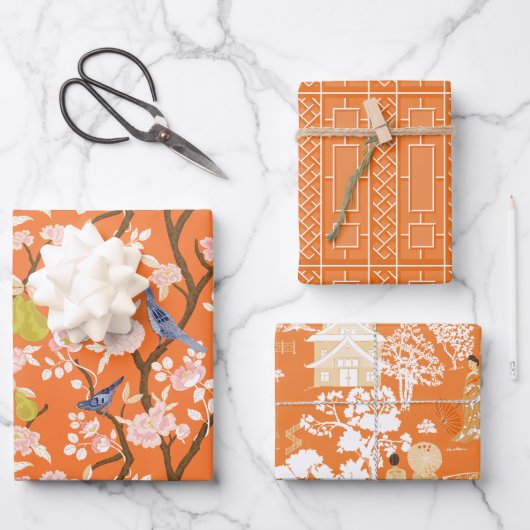 Orange Chinoiserie Vögel und Pagodas Geschenkpapier Set (Vorderseite)