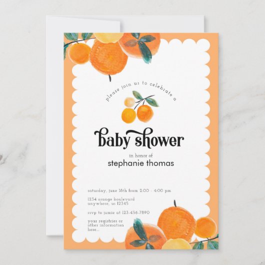 Orange Citrus Baby Dusche Einladung (Vorderseite)