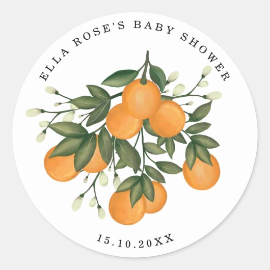 Orange Citrus Botanical Greenerity Baby Shower Gev Runder Aufkleber (Vorderseite)