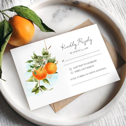 Orange Citrus Calligraphy Wedding RSVP Card Karte