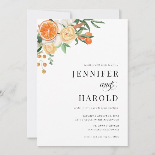 Orange Citrus Floral Minimal All in One Wedding Einladung (Vorderseite)