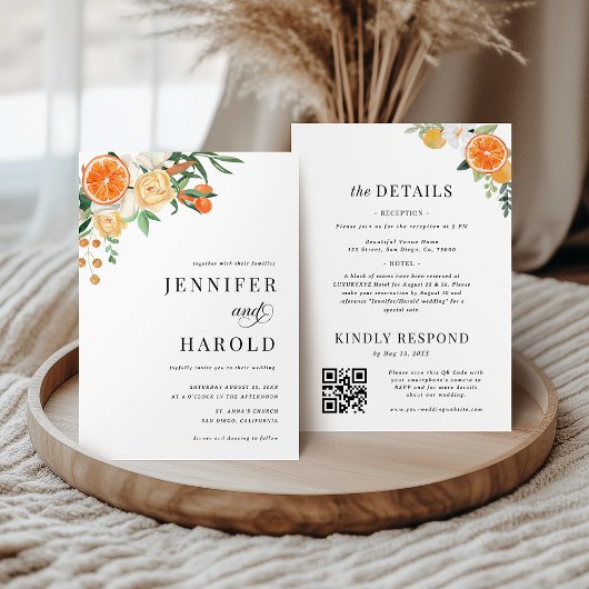 Orange Citrus Floral Minimal All in One Wedding Einladung