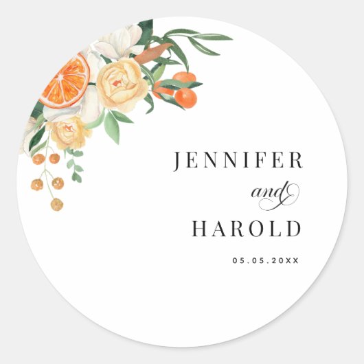 Orange Citrus Floral Minimal Namen Hochzeit Runder Aufkleber (Vorderseite)
