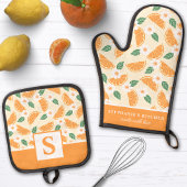 Orange Citrus Floral Niedlich Sommer Mit Monogramm Ofenhandschuh & Topflappen-Set