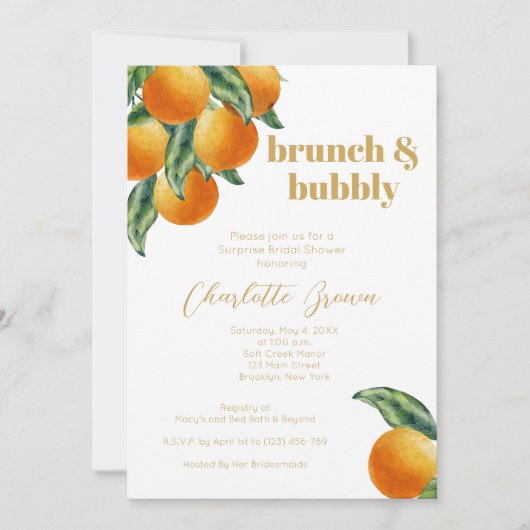 Orange Citrus Frucht Brautparty Brunch Bubbly Einladung (Vorderseite)