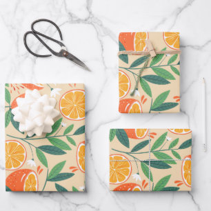 Orange Citrus Frucht Retro Muster Geschenkpapier Set