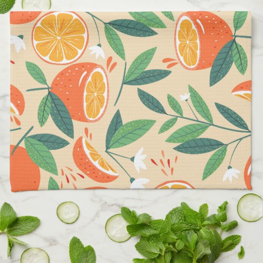 Orange Citrus Frucht Retro Muster Geschirrtuch (Gefaltet)