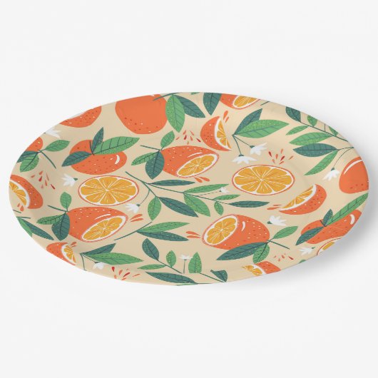 Orange Citrus Frucht Retro Muster Pappteller (Schrägansicht)