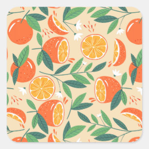 Orange Citrus Frucht Retro Muster Quadratischer Aufkleber