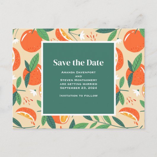 Orange Citrus Frucht Retro Muster Save the Date Einladungspostkarte (Vorderseite)