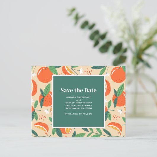 Orange Citrus Frucht Retro Muster Save the Date Einladungspostkarte (Stehend Vorderseite)