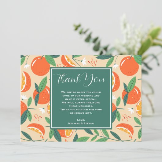 Orange Citrus Fruit Retro Muster Wedding Dankeskarte (Stehend Vorderseite)