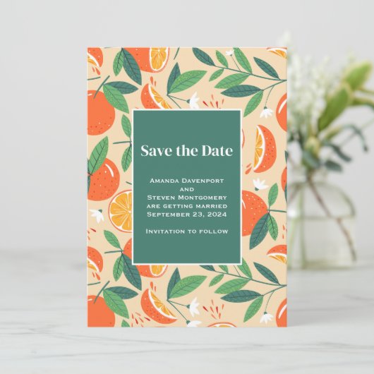 Orange Citrus Fruit Retro Muster Wedding Save The Date (Stehend Vorderseite)