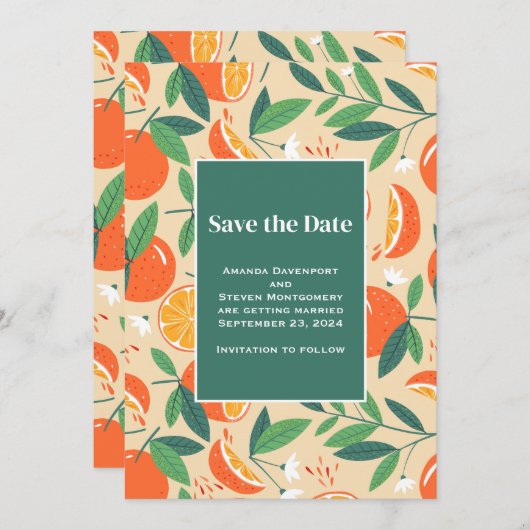 Orange Citrus Fruit Retro Muster Wedding Save The Date (Vorne/Hinten)