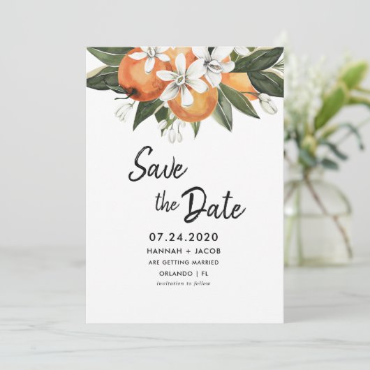 Orange Citrus Greenery retten Sie die Daten Karten (Stehend Vorderseite)