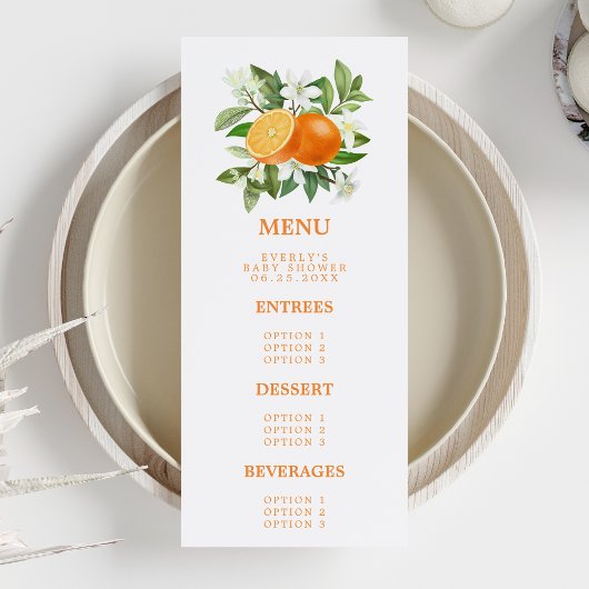 Orange Citrus Kleine Süsse auf dem Weg Babydusche Menükarte