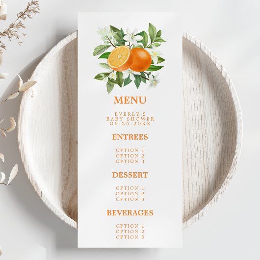 Orange Citrus Kleine Süsse auf dem Weg Babydusche Menükarte