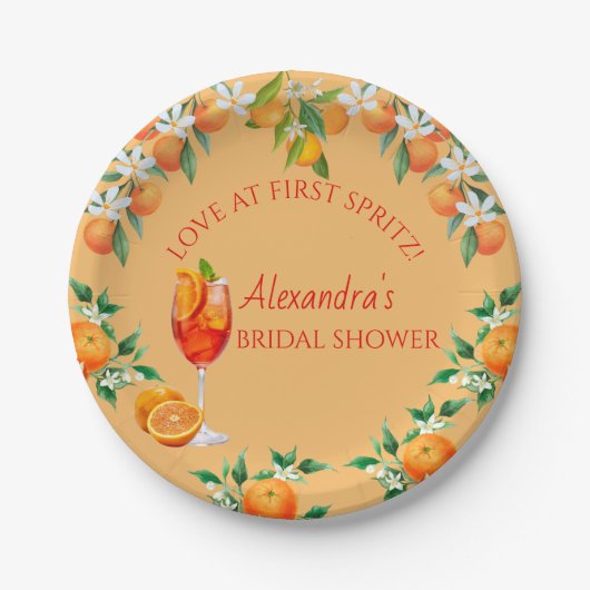 Orange Citrus Liebe bei First Spritz Brautparty Pappteller (Vorderseite)