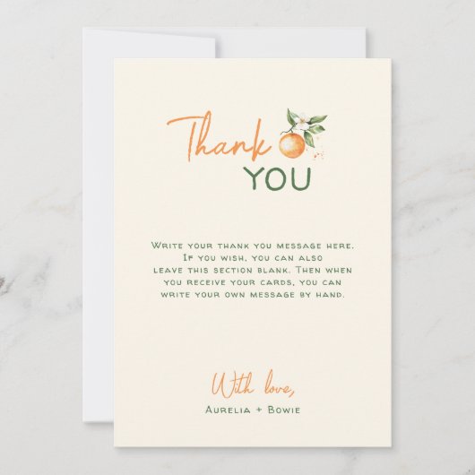 Orange Citrus Little Cutie Baby Shower Photo Dankeskarte (Vorderseite)