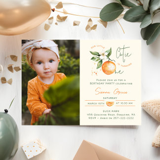 Orange Citrus Little Cutie First Birthday Photo  Einladung