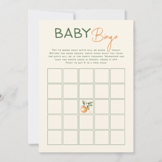 Orange Citrus Little Süsse Baby Bingo Game Card Einladung (Vorderseite)