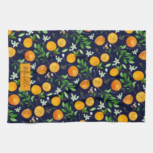 Orange Citrus Sommer Floral Botanisches Muster Geschirrtuch (Horizontal)