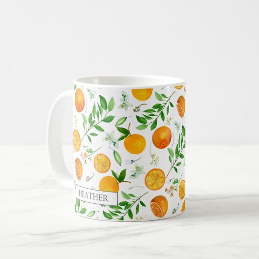 Orange Citrus Sommer Floral Botanisches Muster Kaffeetasse (Vorderseite Links)