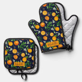 Orange Citrus Sommer Floral Botanisches Muster Ofenhandschuh & Topflappen-Set (Vorderseite/Rückseite)