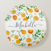 Orange Citrus Sommer Floral Botanisches Muster Rundes Kissen (Vorderseite)