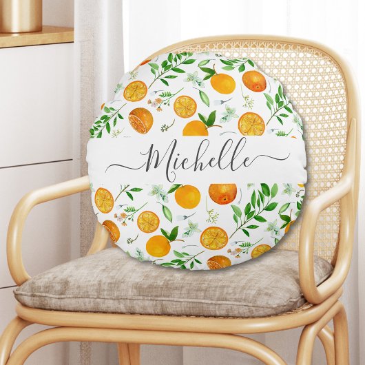 Orange Citrus Sommer Floral Botanisches Muster Rundes Kissen