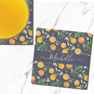 Orange Citrus Sommer Floral Botanisches Muster Steinuntersetzer